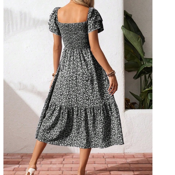 Boho Floral Print Double Ruffle Short Sleeve Smocked Dress - Picture 8 of 8